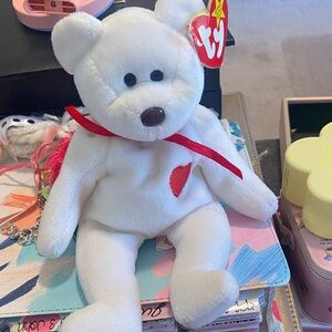 Ty Plush White Bear with Red Heart Accent